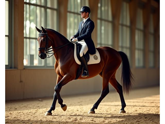 Expert rider performing classical dressage with a magnificent horse in an indoor arena.