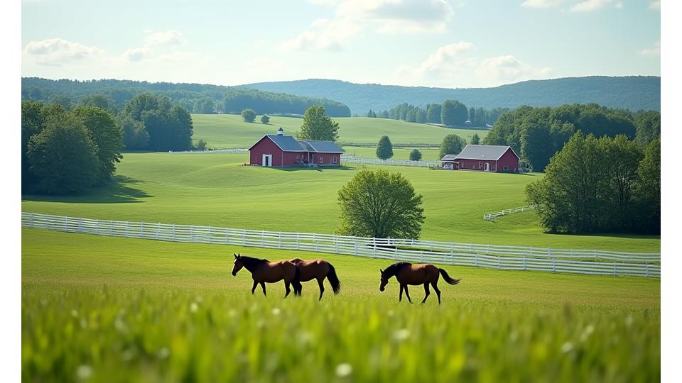 Rolling green hills of Kentucky thoroughbred country with historic horse farms and white fences.