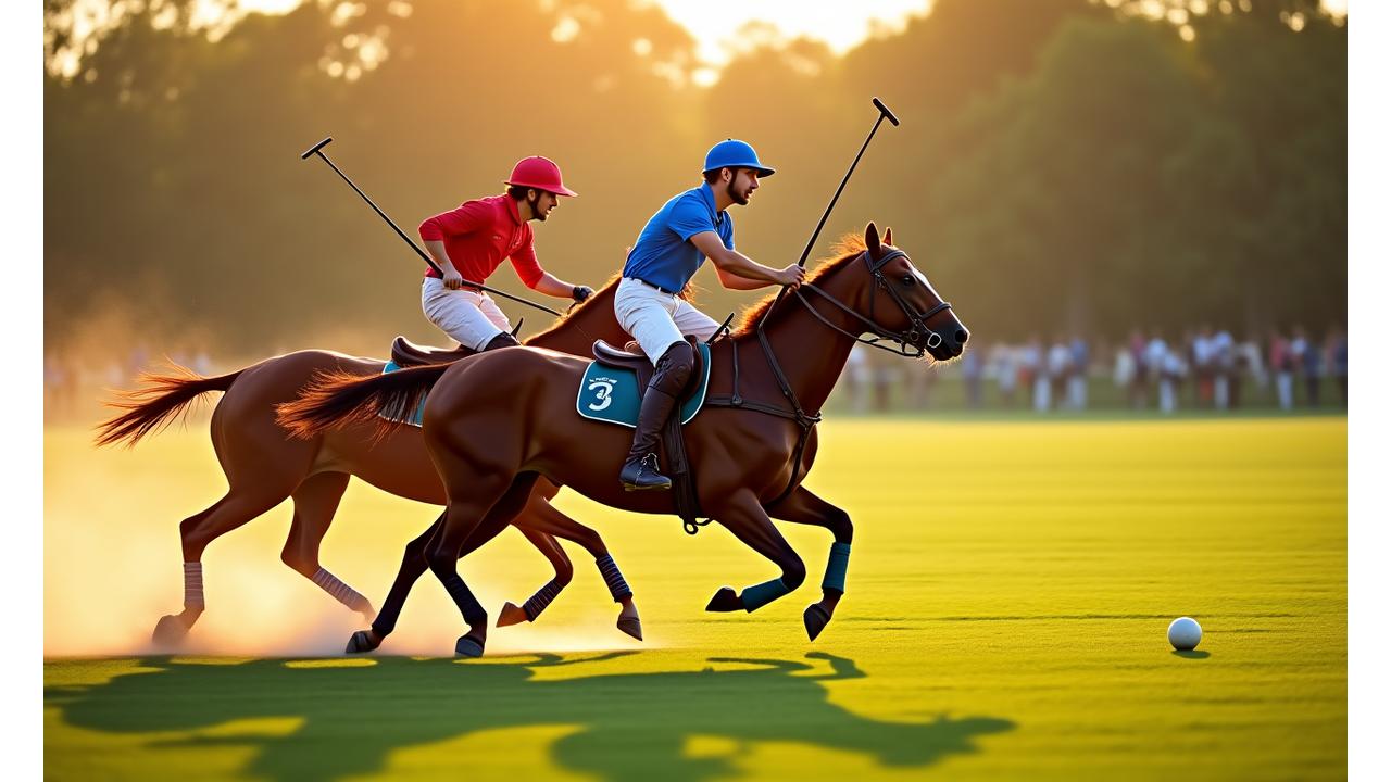 Dynamic shot of a high-stakes polo match with players on galloping horses chasing the ball.