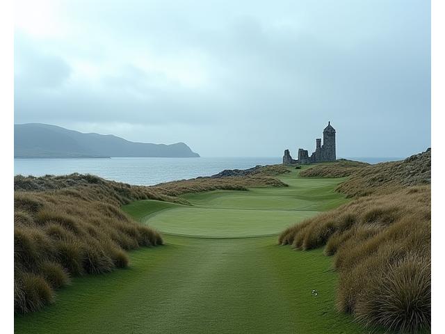Dramatic Scottish Highlands golf course with ancient stone architecture