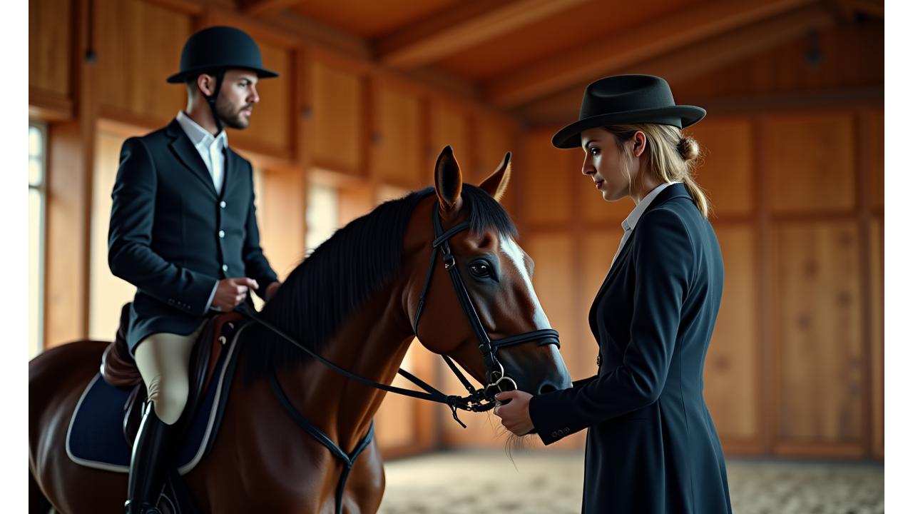 Gentleman receiving private equestrian instruction in an elegant stable