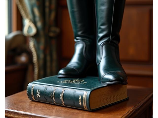 Close up of a polished riding boot next to a equestrian book