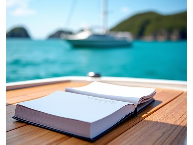 Luxury yacht at anchor in a pristine bay with a handbook on deck