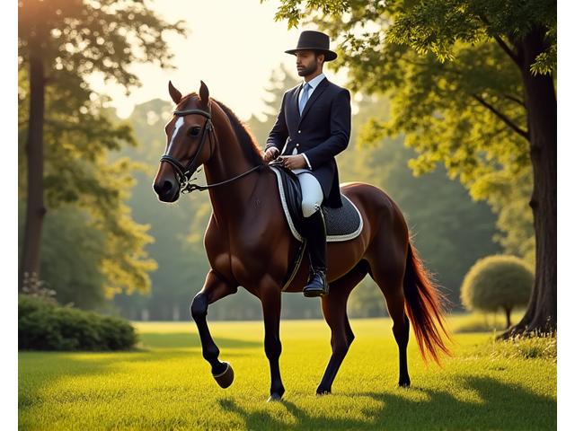 Businessman riding a horse majestically across green fields