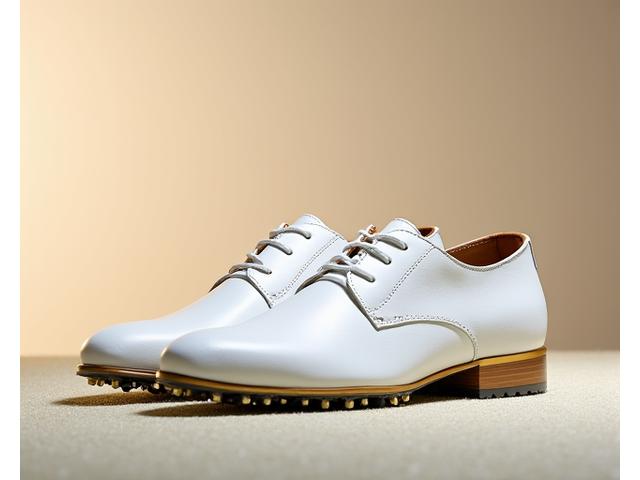 Close-up of a pair of high-end leather golf shoes with subtle metallic accents, combining classic style with modern spike technology.