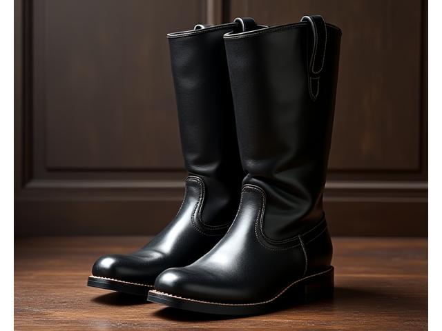 A pair of highly polished black leather riding boots with elegant stitching, sitting on a stable floor, indicating quality craftsmanship.
