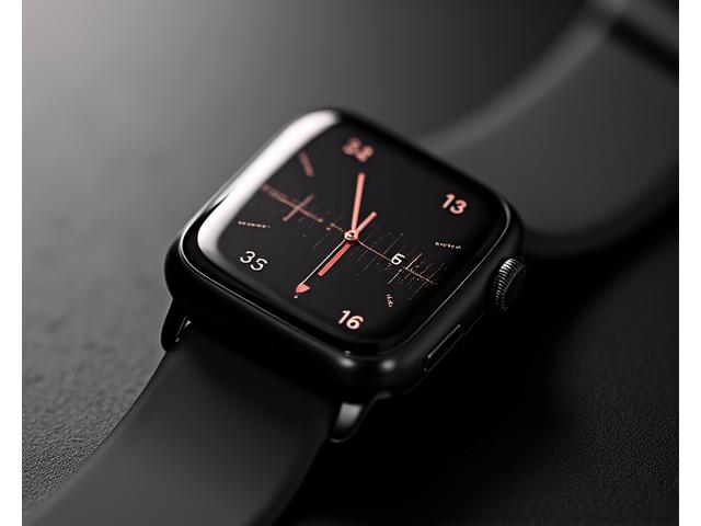 A high-tech fitness smartwatch with a sophisticated interface displaying health metrics, alongside premium activewear on a dark, sleek surface.